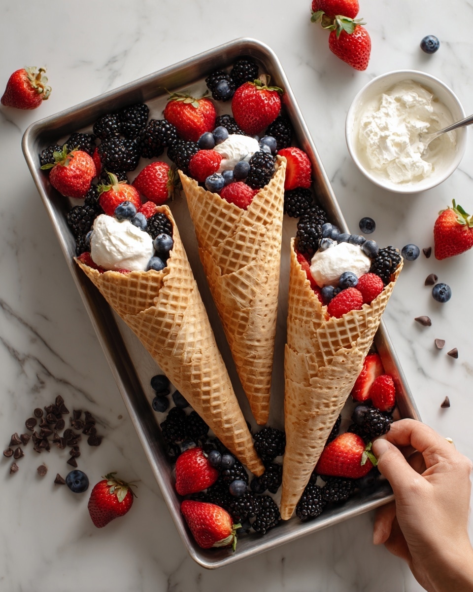 The image shows a tray with three waffle cones filled with mixed berries, including strawberries, blackberries, and blueberries, each cone standing upright and packed full. The base of the tray is covered with scattered fresh strawberries, blackberries, and chocolate chips, adding texture and color. There is also a small white bowl of white cream or yogurt placed next to the cones. A woman’s hand is gently holding a fourth empty cone on a white marbled surface background. photo taken with an iphone --ar 4:5 --v 7