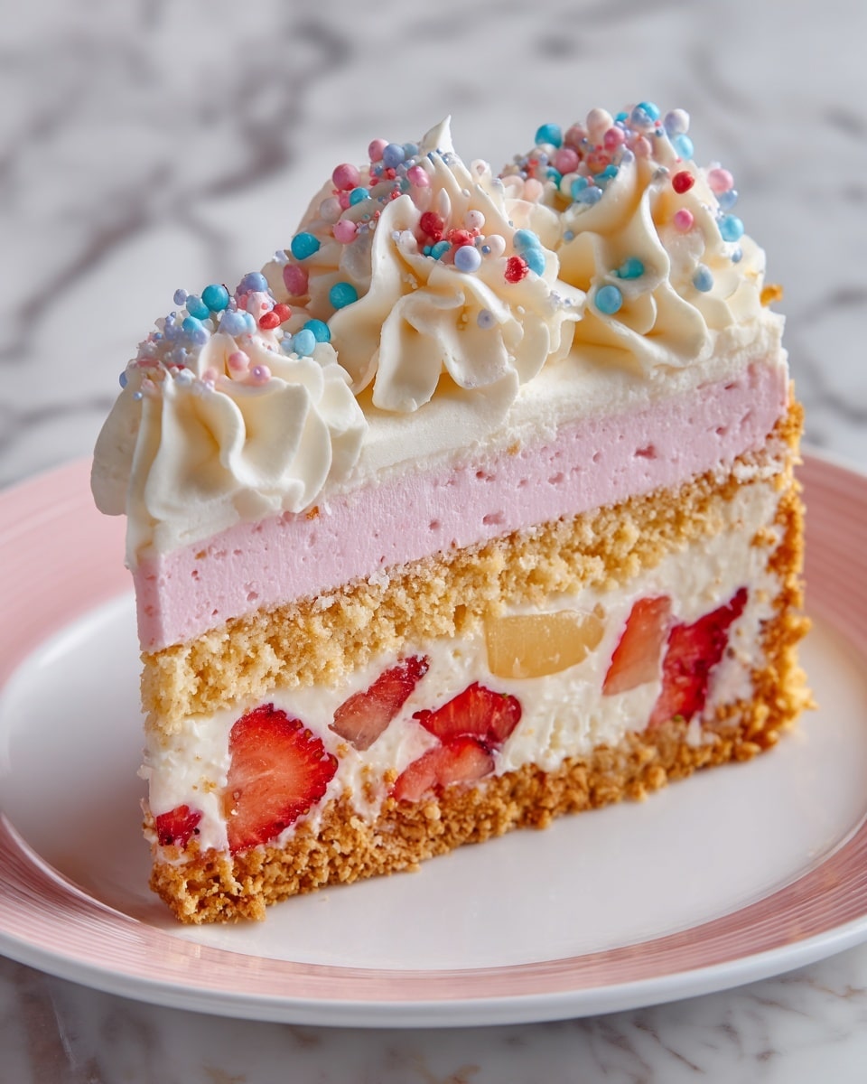 A slice of cake with four visible layers sits on a white plate with a pink rim. The bottom layer is a crumbly golden crust, above it is a thick white creamy layer with chunks of red strawberries and pale yellow pieces mixed in. Next is a smooth pale pink layer evenly spread on top. The cake is topped with soft white whipped cream swirls decorated with small pastel-colored round sprinkles in pink, blue, white, and red. The background shows a white marbled texture surface. photo taken with an iphone --ar 4:5 --v 7