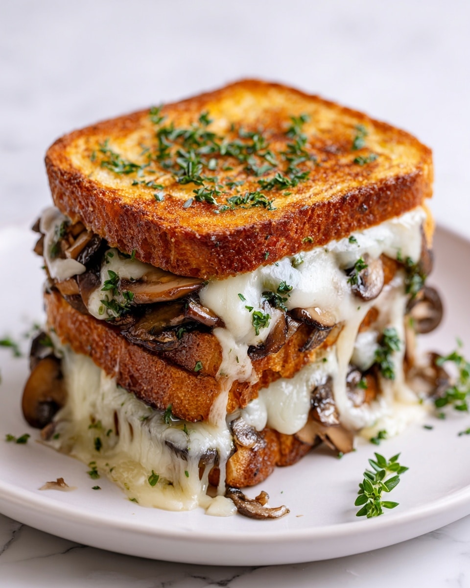 A toasted sandwich with two thick slices of golden brown bread, the top slice garnished with small green herb pieces. Between the bread, there is a layer of melted, creamy white cheese that oozes out slightly, covering a layer of browned sautéed mushrooms. The sandwich sits on a clean white plate, which is placed on a white marbled surface. Near the sandwich, a few small green herb pieces are scattered. Photo taken with an iphone --ar 4:5 --v 7