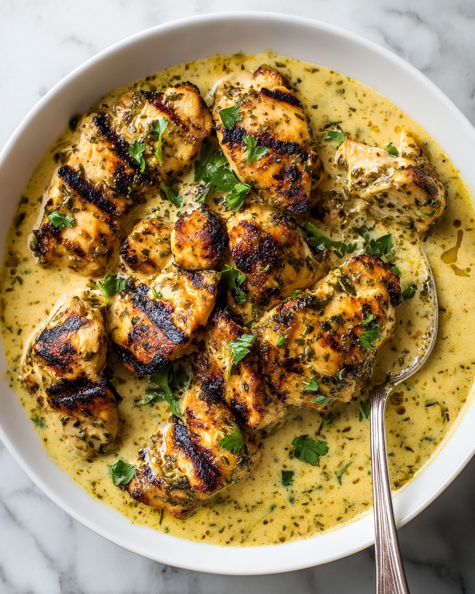 A white bowl filled with several pieces of grilled chicken coated in a creamy, light brown sauce with visible herbs. The chicken pieces are golden with grill marks and sprinkled with fresh green parsley leaves. The sauce has a slightly thick texture, pooling around the chicken pieces. A metal spoon is partially visible on the right side of the bowl. The background features a white marbled surface. photo taken with an iphone --ar 4:5 --v 7