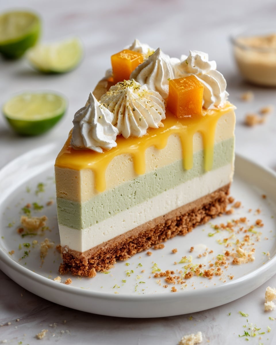 A slice of pie with three visible layers sits on a white plate on a white marbled texture. The bottom crust layer is crumbly and golden brown, holding the smooth pale green layer above it, which blends into a thick, creamy off-white middle layer. The top layer is a shiny, bright yellow glaze with swirled patterns, crowned with a swirl of white whipped cream. On top of the whipped cream and pie, there are two small mango cubes and some bright green lime zest sprinkled over. Around the slice on the plate are lime wedges and some scattered crumbs. photo taken with an iphone --ar 4:5 --v 7