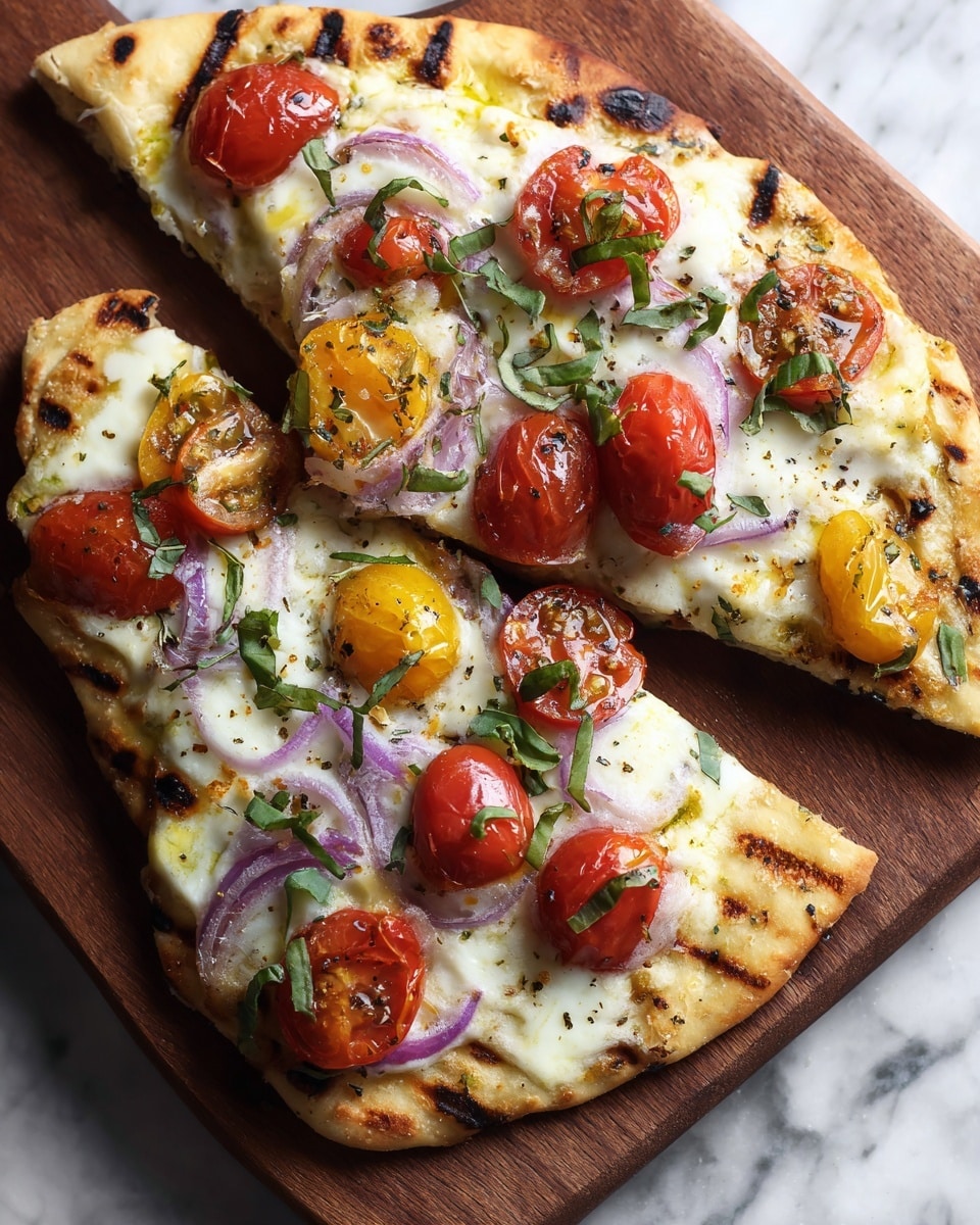 The image shows three small rectangular flatbreads placed on a wooden board. Each flatbread has multiple layers starting with a golden-brown, slightly crispy crust. On top, there is melted white cheese that looks soft and bubbly, scattered with small, roasted red cherry tomatoes with a shiny skin. Thin slices of purple onion are spread evenly over the cheese. Fresh green basil leaves are sprinkled on top, adding a fresh touch. The wooden board rests on a white marbled surface, and a blurred woman’s hand reaches from the top left side, about to pick one flatbread. Photo taken with an iphone --ar 4:5 --v 7