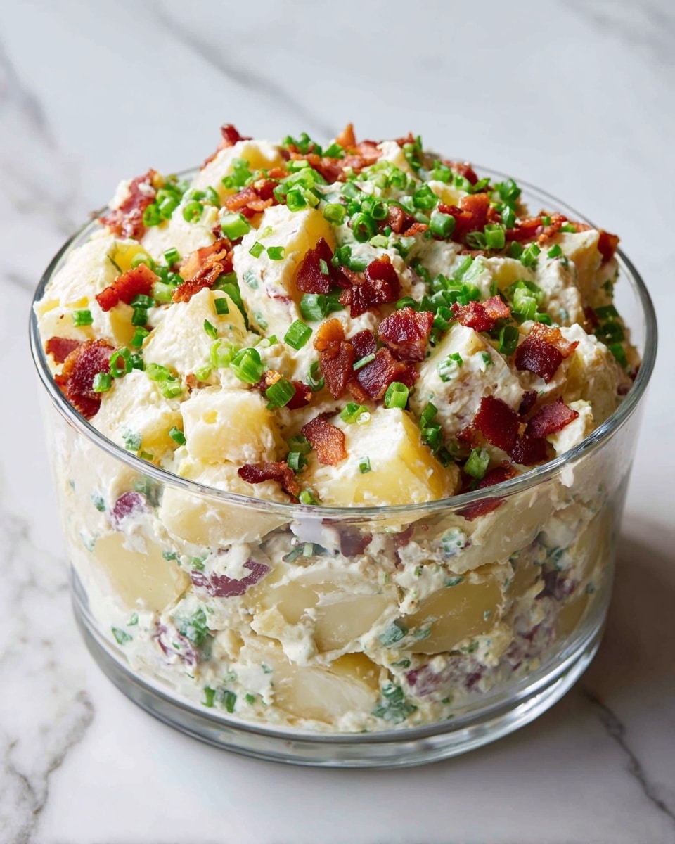 A clear glass bowl filled with chunky potato salad sits on a white marbled surface. The salad has several layers visible: large pieces of yellow potato with skin on the edges, mixed evenly with creamy white dressing that coats each piece. Throughout the salad, small bits of crispy brown bacon are scattered. Bright green chopped scallions and tiny light green dill sprigs are spread evenly over the salad. There are also small pieces of purple onion mixed in, adding spots of color. The textures are soft from the potatoes and creamy sauce, contrasting with the crisp bacon and fresh vegetables. photo taken with an iphone --ar 4:5 --v 7