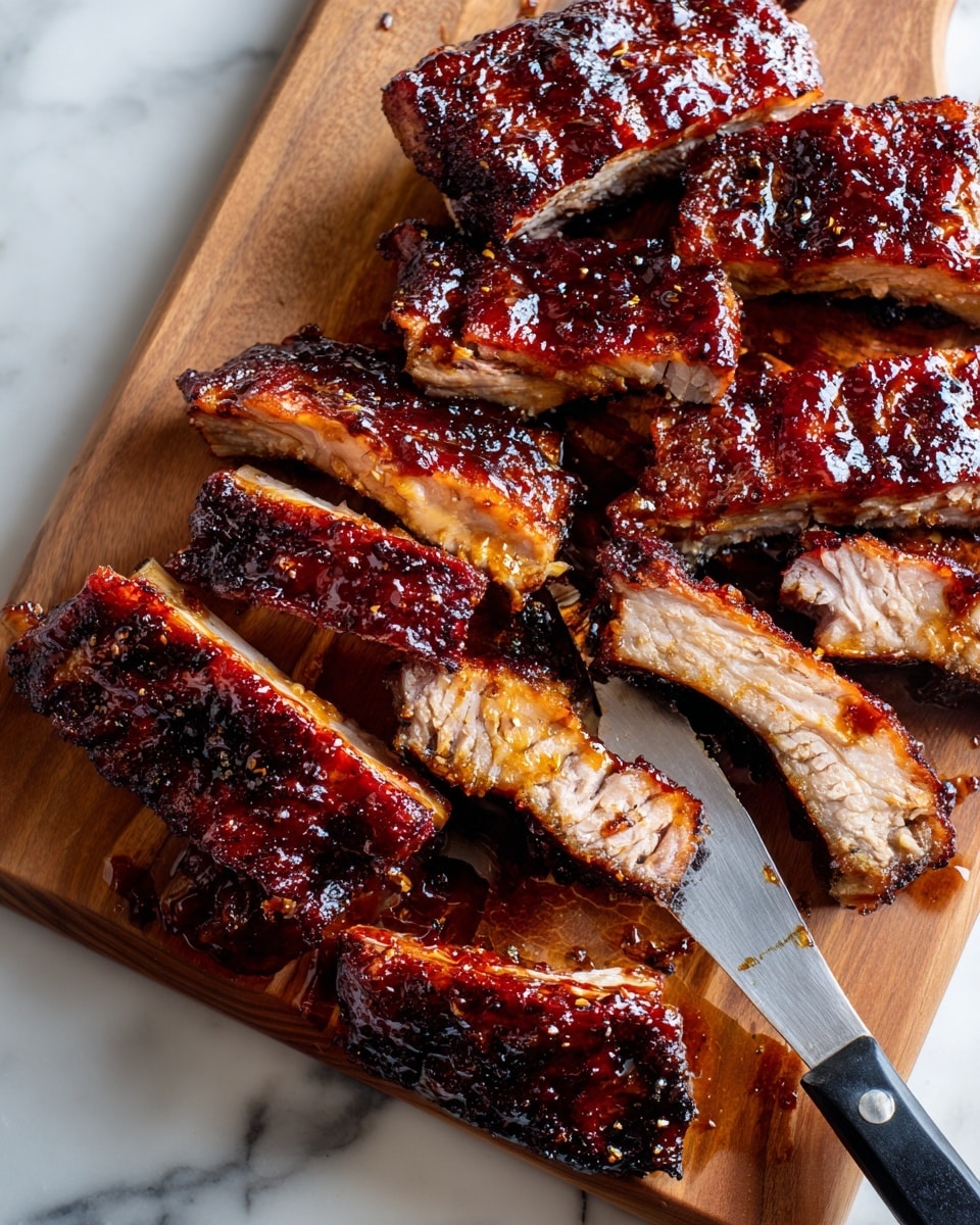 A wooden cutting board holds a pile of grilled ribs with a dark, sticky glaze that shines under the light. The ribs show a mix of charred black edges and glossy deep reddish-brown sauce. Several ribs are cut into chunks, revealing a juicy, light pinkish interior. A metal tong with a black grip is picking up a rib piece from the right side. The whole scene rests on a white marbled surface, adding a clean contrast to the rich colors of the ribs. Photo taken with an iphone --ar 4:5 --v 7