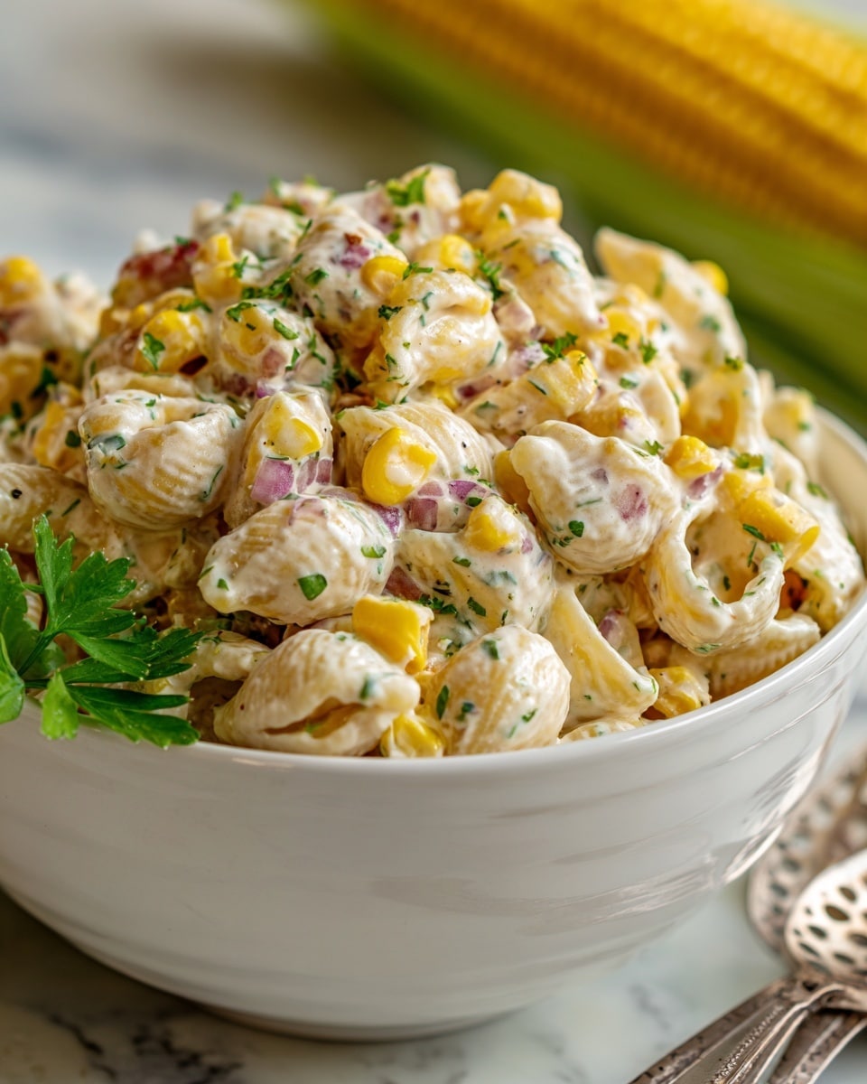 A close-up of a creamy pasta salad is shown on a white plate with a slightly scalloped edge. The salad has several layers, starting with small shell pasta in a white creamy dressing mixed with finely chopped green herbs, tiny bits of orange shredded cheese, and small pieces of purple onion. The layers are well mixed, with the white dressing coating all components evenly, speckled with black pepper. A single green parsley leaf is placed on top as a garnish. The plate rests on a white marbled surface with a blurred ear of corn in the background. Photo taken with an iphone --ar 4:5 --v 7