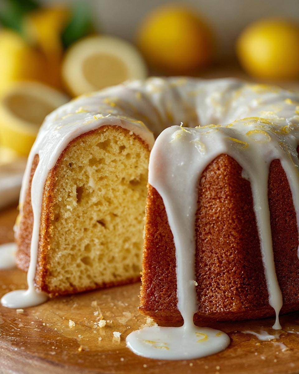 The image shows a close-up of a moist lemon cake sliced into several pieces. The cake has a soft, light yellow texture with small air pockets inside, giving it a fluffy look. On top, the cake is covered with a smooth, white icing that drips slightly down the sides. The cake sits on a wooden surface with the white icing spreading a bit around the base. In the background, out of focus, are whole lemons adding a bright yellow contrast. The overall setting is simple and clean with a white marbled texture underneath. photo taken with an iphone --ar 4:5 --v 7