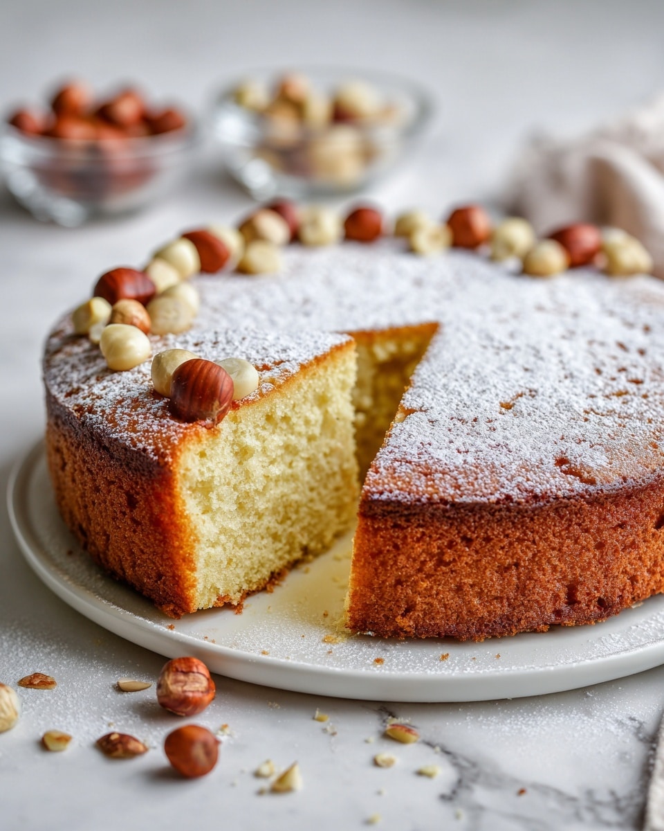 A close-up of a round, golden brown cake with a thick, crumbly texture shown with one slice cut out. The cake has a rough top layer dusted with fine white powdered sugar and decorated with chopped light brown hazelnuts arranged evenly around the edge. The interior of the cake is soft and pale yellow with a coarse crumb. The cake sits on a white plate on a white marbled surface sprinkled lightly with powdered sugar and scattered whole hazelnuts around it. In the background, a glass bowl holds whole hazelnuts, slightly out of focus. Photo taken with an iphone --ar 4:5 --v 7