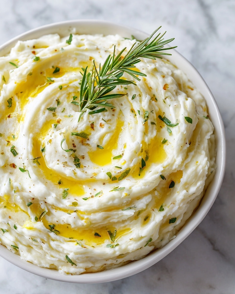 The image shows a plate of creamy mashed potatoes on a white plate. The mashed potatoes have a smooth and fluffy texture with visible swirls and small lumps. The top layer is drizzled with melted butter, giving a shiny yellow color that contrasts with the white potato base. Some green herbs are sprinkled lightly over the surface, adding small flecks of color. A sprig of fresh rosemary is placed standing up on the left side as a garnish. The plate sits on a white marbled surface. photo taken with an iphone --ar 4:5 --v 7