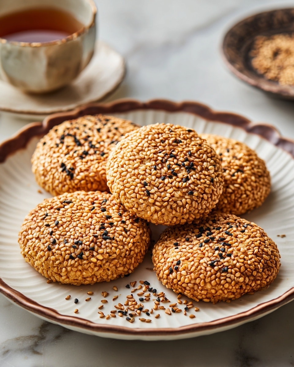 A close-up view of five round cookies fully covered with lots of light golden sesame seeds, each cookie showing a rough, slightly cracked surface beneath the seeds which adds texture. The cookies are placed on a white plate with a delicate purple scalloped edge pattern and a thin gold rim, scattered sesame seeds around them add a natural, casual touch. The scene is set against a white marbled background with soft natural light highlighting the golden hues and the crunchy texture of the seeds and cookies. Photo taken with an iphone --ar 4:5 --v 7