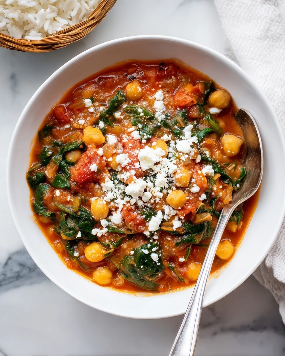 The image shows a close-up of a dark bowl filled with a colorful chickpea stew. The stew has three main layers: a thick orange-red tomato base with visible pieces of tomato and spices, bright yellow chickpeas scattered evenly throughout, and vibrant green spinach leaves mixed in. On top, there are small white cheese crumbles spread over the stew, adding a contrast to the warm colors. A silver spoon rests inside the bowl on the right side. The bowl is placed on a white marbled surface, next to a basket with white rice and a white cloth napkin partially visible. photo taken with an iphone --ar 4:5 --v 7