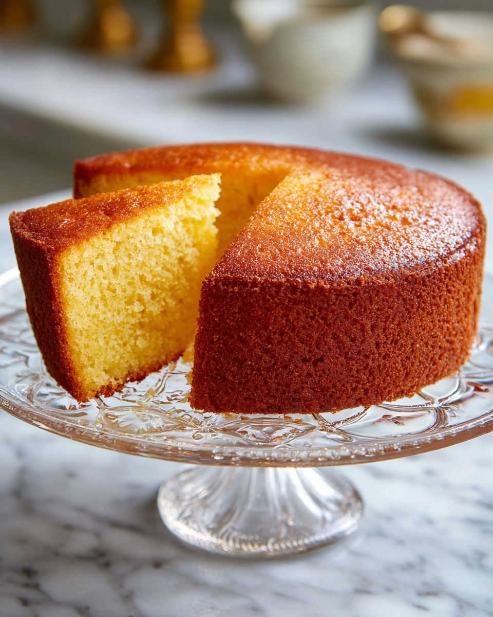 A round, single-layer cake with a golden brown crust and a moist, light yellow inside sits on a clear glass cake stand with decorative patterns, placed on a white marbled surface. A wedge is cut out from the cake, showing the dense but soft texture with small air holes. The top of the cake has a light dusting of powdered sugar that slightly sparkles. The background is softly blurred, focusing on the cake’s detailed texture and warm tones. photo taken with an iphone --ar 4:5 --v 7