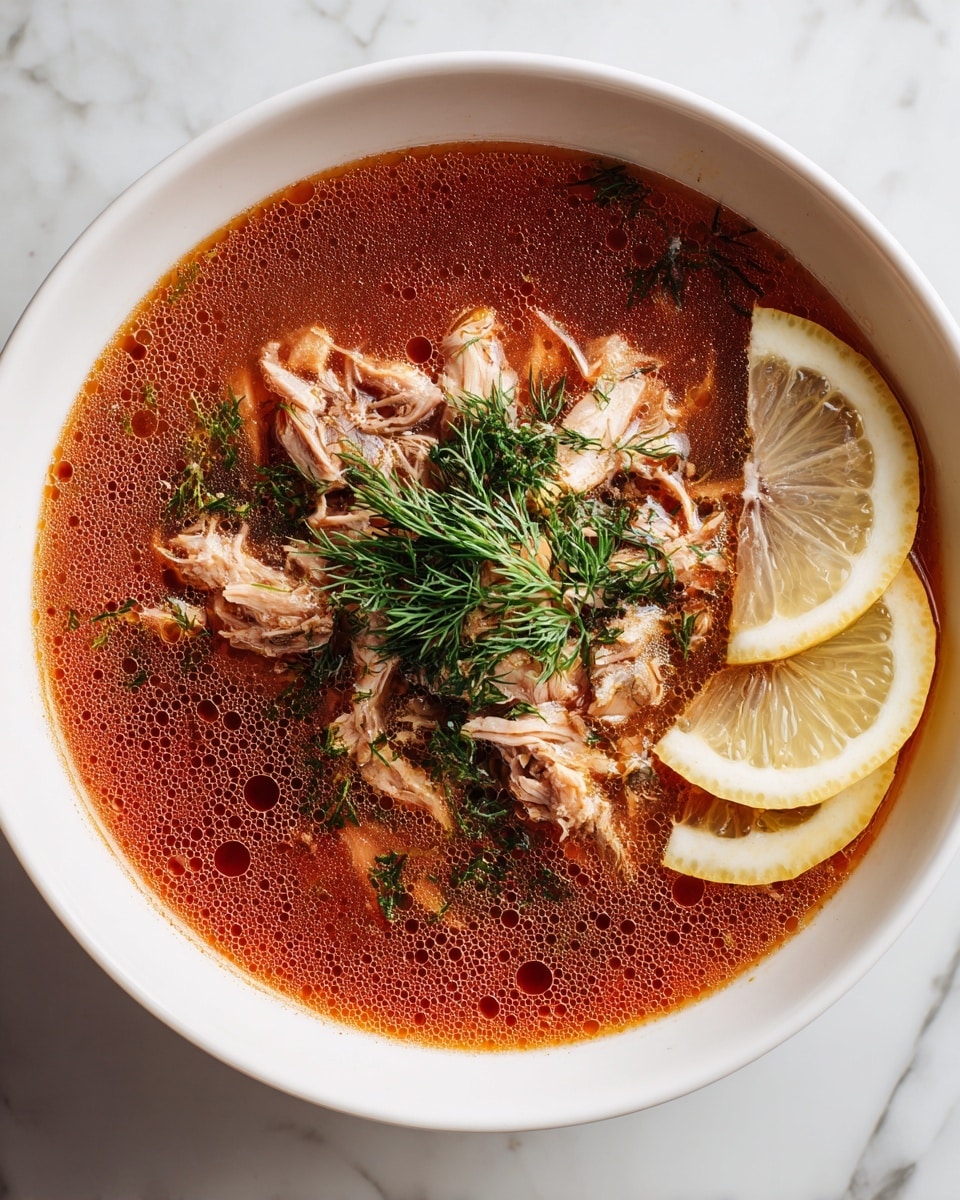 The image shows a white bowl filled with a rich, oily red soup. The soup has many layers, starting with a deep orange-red broth at the bottom, topped with small pieces of soft meat that are light brown with white fat. On top of the meat, there are fresh green dill sprigs and finely chopped green herbs scattered all over. Two thin lemon slices rest on the side of the bowl, adding a bright yellow color contrast. The bowl is placed on a white marbled surface, and a woman's hand slightly touches the side of the bowl. Photo taken with an iphone --ar 4:5 --v 7