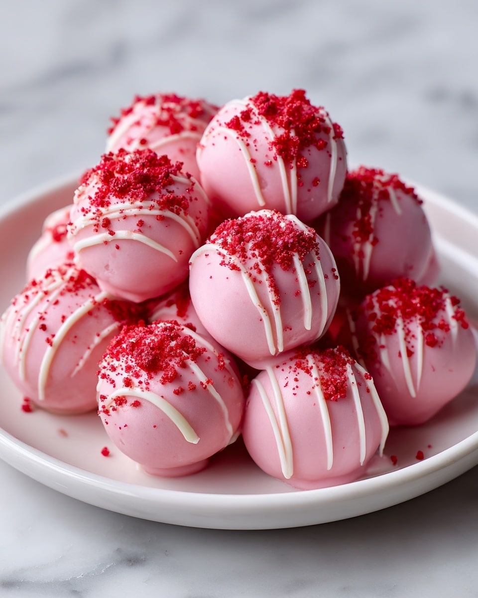 A close-up of a white round plate filled with several pink cake balls clustered together. Each cake ball has a smooth pink outer layer with slightly rough red crumb sprinkles scattered on top. Over the pink coating, there are thin, uneven white lines of drizzle that add texture and contrast. The plate sits on a white marbled surface, creating a soft and clean background. Photo taken with an iphone --ar 4:5 --v 7