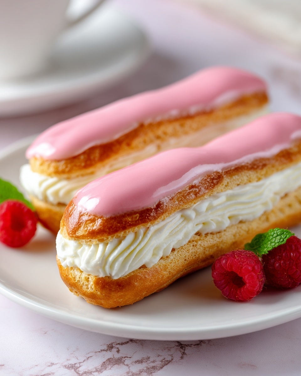 Two éclairs lie on a white plate with a white marbled surface below. Each éclair has three main layers: a light brown, baked choux pastry base that looks crisp, a thick, smooth layer of white cream piped in waves in the middle, and a shiny pink glaze covering the top layer of choux pastry. Fresh red raspberries and a small green mint leaf are placed around the éclairs for decoration. The photo taken with an iphone --ar 4:5 --v 7