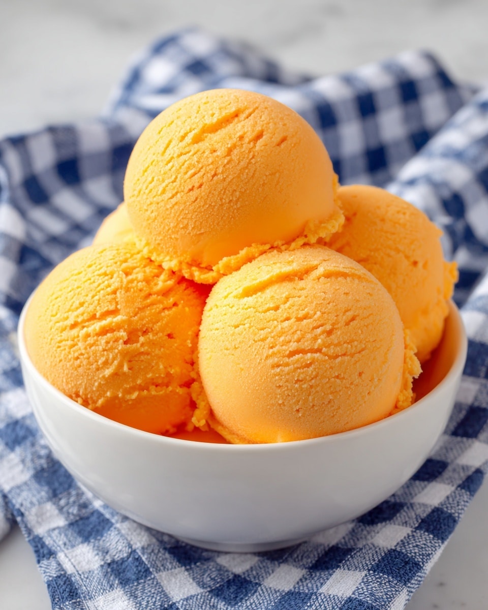 A white bowl filled with four smooth, round orange sorbet scoops, each with a slightly glossy texture and soft surface cracks. The scoops are piled closely together, showing subtle layering where they touch. The bowl is placed on a blue and white checkered cloth over a white marbled surface. photo taken with an iphone --ar 4:5 --v 7