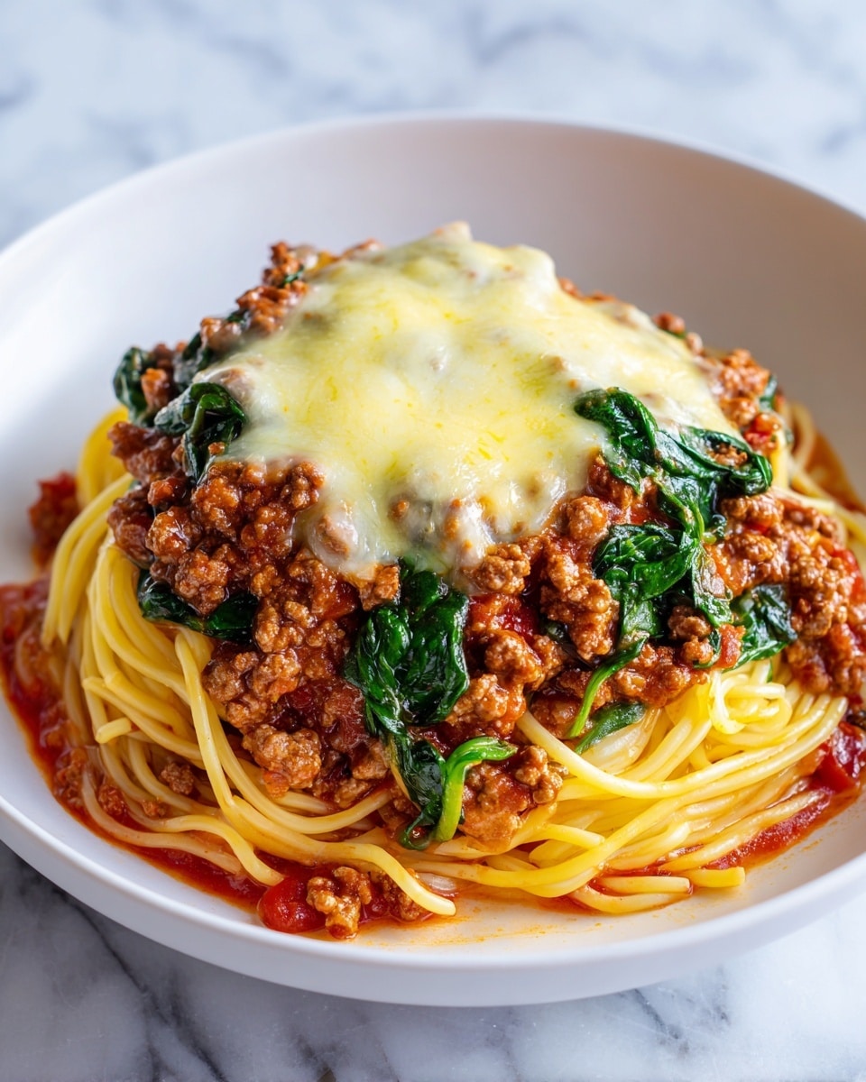A white plate holds a thick serving of spaghetti topped with a rich layer of meat sauce mixed with cooked spinach. Above the meat sauce is a melted, slightly browned cheese layer that covers the top unevenly, with some bits of meat and spinach peeking through. The spaghetti noodles are visible at the bottom, coated lightly with the red meat sauce. The whole dish rests on a white marbled surface. Photo taken with an iphone --ar 4:5 --v 7