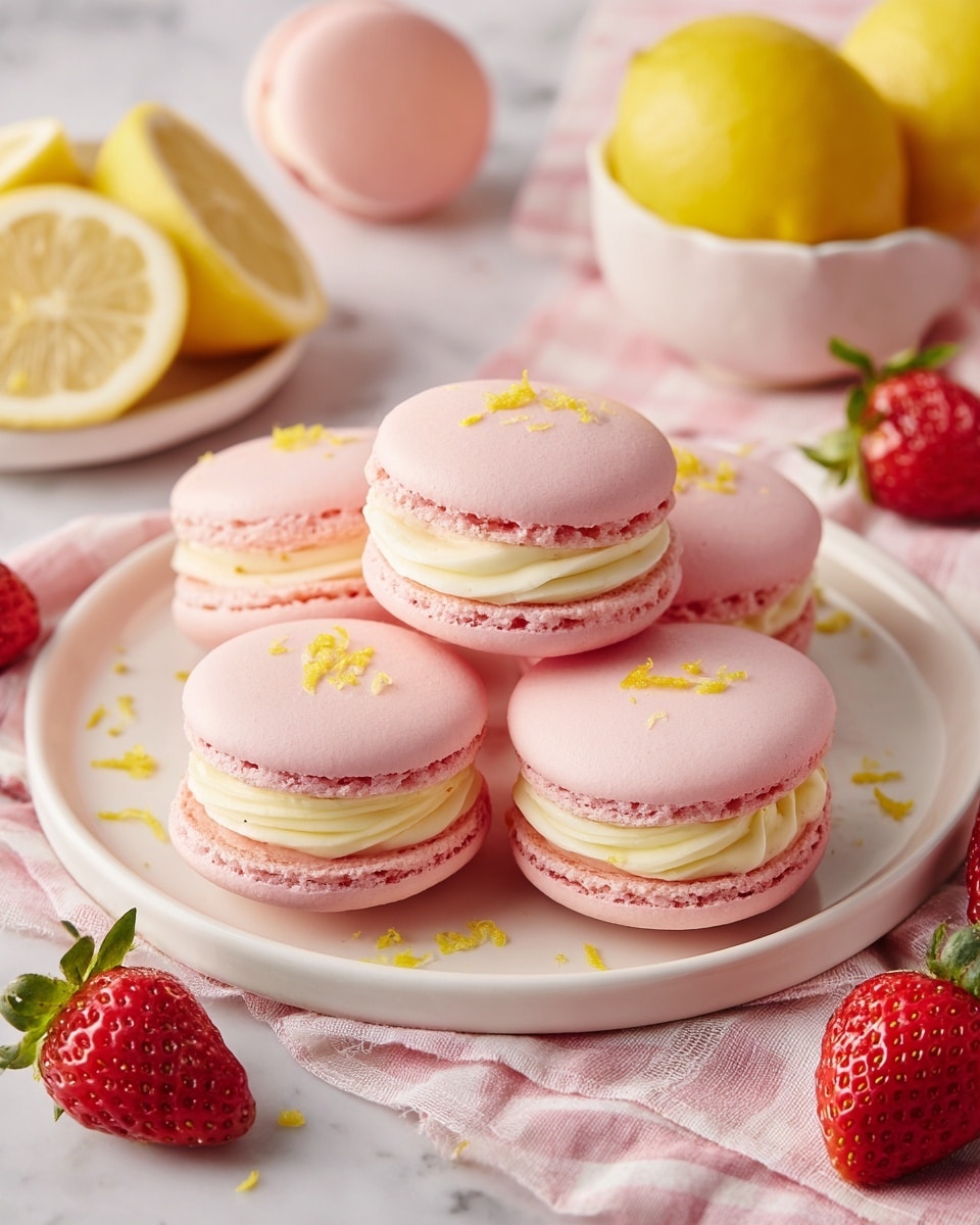 Five light pink macarons are arranged on a white round plate. Each macaron has two smooth, slightly shiny shells with a ruffled edge, around a thick middle filling that is creamy pale yellow and smooth. Small yellow zest pieces are scattered on top of the macarons and a few are on the plate. The plate is placed on a soft pink cloth with a small white checkered pattern. Around the plate, there are fresh strawberries, some whole and one cut in half showing the red inside and seeds, along with two yellow lemons resting on white plates. The whole scene is bright and colorful with a fresh, soft look. photo taken with an iphone --ar 4:5 --v 7
