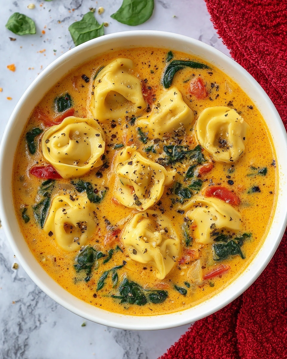 A white bowl filled with creamy soup showing five pieces of yellow tortellini pasta floating on top, with small red tomato chunks and dark green spinach leaves spread throughout the light orange creamy broth, all sprinkled with cracked black pepper. The bowl is placed on a white marbled texture surface with a red cloth partially visible next to it. Photo taken with an iphone --ar 4:5 --v 7