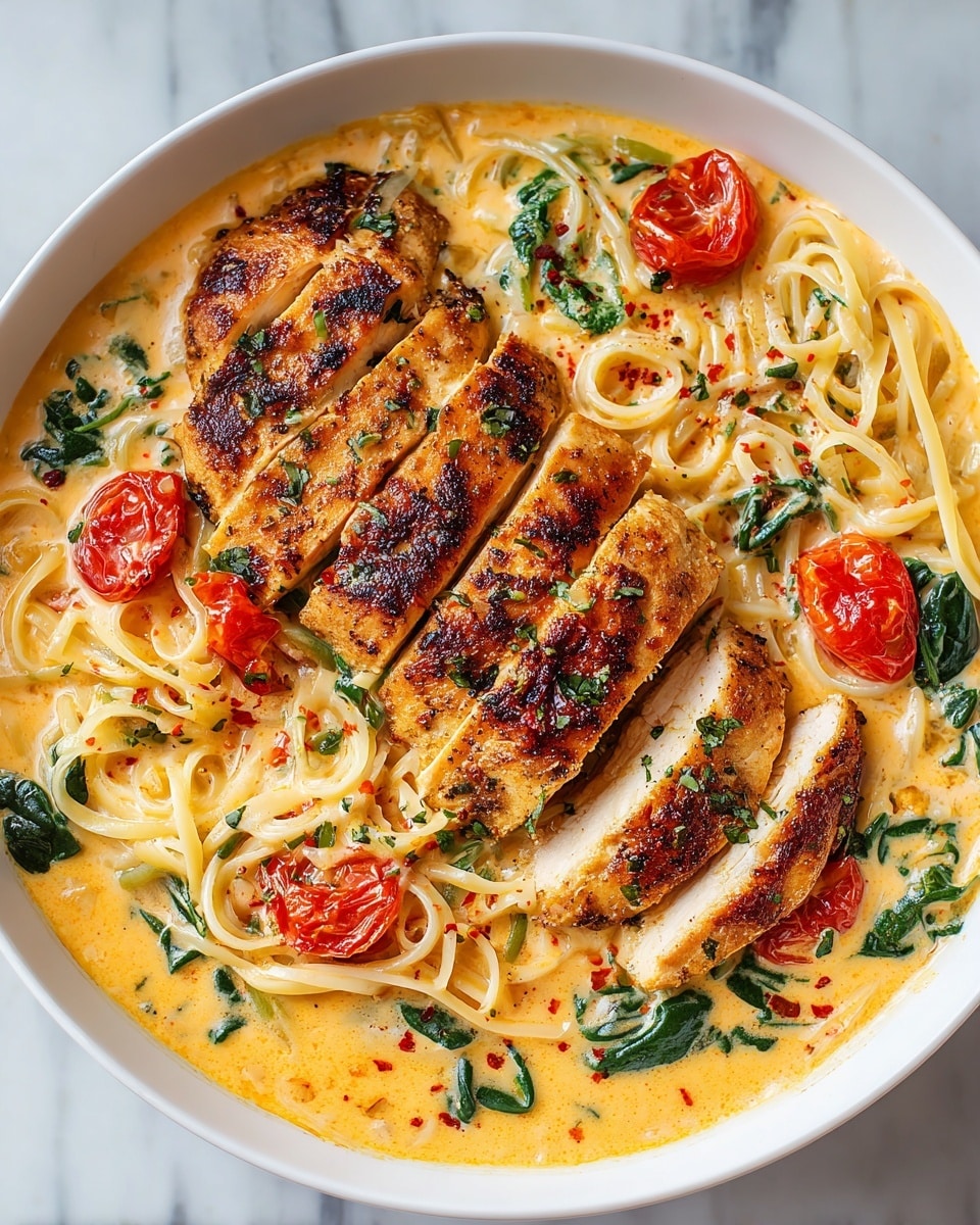 A white bowl filled with four golden-brown grilled chicken breasts placed on top of creamy orange sauce mixed with wilted dark green spinach and bright red roasted cherry tomatoes. Underneath the chicken and vegetables, there are light yellow cooked noodles partly soaked in the sauce. The sauce has a smooth, creamy texture with small green herb pieces and red chili flakes sprinkled on the chicken and sauce. The dish is set on a white marbled surface. photo taken with an iphone --ar 4:5 --v 7