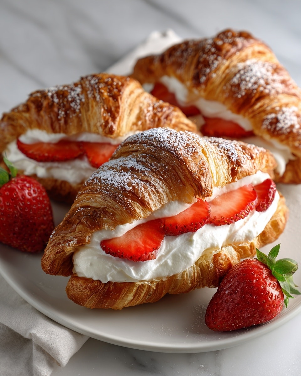 Three golden brown croissants with flaky, crispy outer layers are filled with a thick layer of white whipped cream and topped with thinly sliced bright red strawberries. The top of each croissant is dusted with white powdered sugar. The croissants rest on a white plate with a matte finish, placed on a surface with a white marbled texture. A couple of whole strawberries with green leaves add a fresh touch around the croissants. The image is close-up, showing the texture of the cream and fruit clearly. Photo taken with an iphone --ar 4:5 --v 7