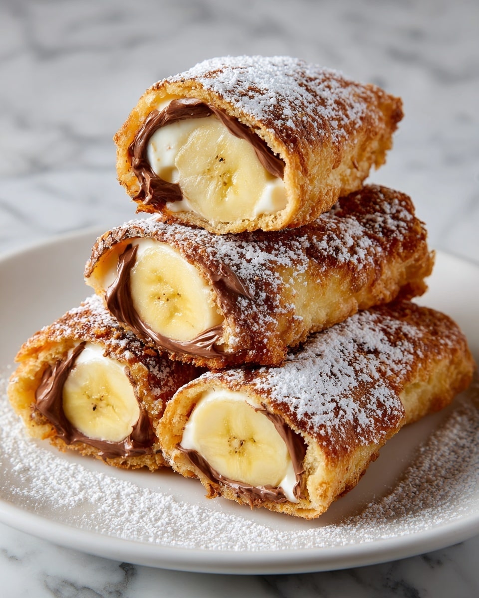 The image shows four rolled pastries stacked in a pyramid shape on a white plate, each containing a slice of banana at the center with smooth, creamy chocolate filling visible around the banana. The outer layer is a soft, golden-brown dough with a light dusting of powdered sugar on top and some spilled powder scattered on the plate, giving a soft texture and a slightly powdery look. The bananas inside are fresh, light yellow with visible seeds in the middle, and the chocolate filling contrasts with its dark, smooth consistency. The background is a white marbled texture. photo taken with an iphone --ar 4:5 --v 7