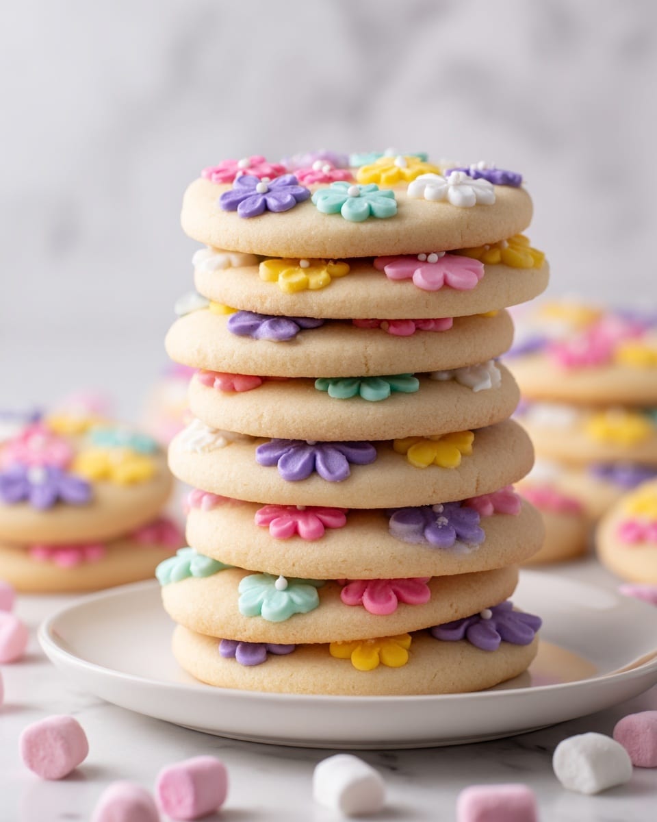 The image shows a group of round sugar cookies arranged closely in a white plate, all decorated with colorful pastel icing flowers. Each cookie has a smooth, light golden surface, with small, detailed flower designs on top made from purple, blue, yellow, and pink icing, creating a soft and bright look. The cookies are stacked in several layers visually, with some edges slightly overlapping. The background is a white marbled texture scattered with tiny pastel-colored sprinkles and small, star-shaped candy pieces. photo taken with an iphone --ar 4:5 --v 7