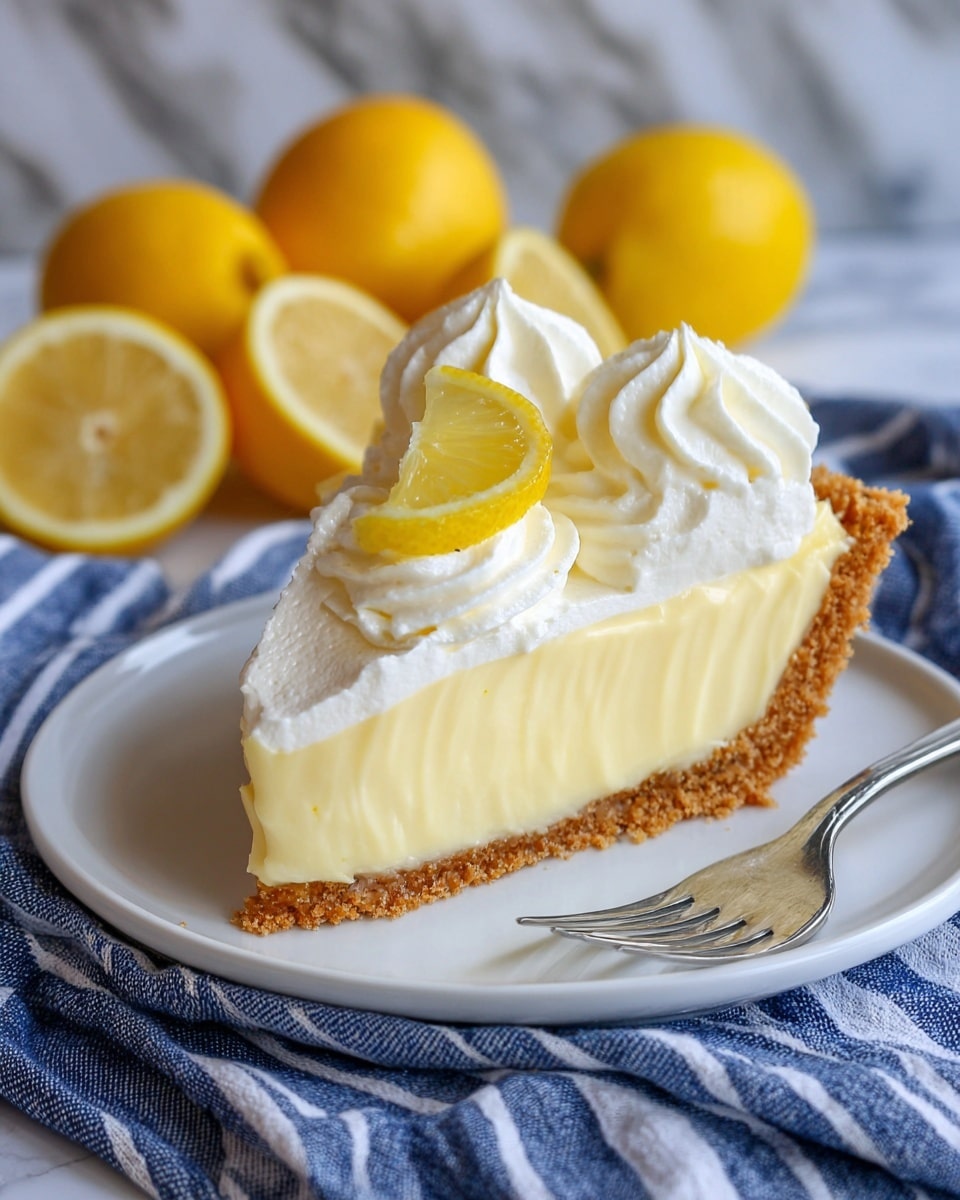 A slice of lemon cream pie is shown on a white plate with a textured rim, resting on a blue and white striped cloth over a white marbled surface. The pie has three main layers: a crumbly light brown crust on the bottom, a thick and smooth pale yellow lemon cream filling in the middle, and three large swirls of white whipped cream on top. A thin, bright yellow lemon wedge is placed neatly among the whipped cream. A silver fork lies next to the pie slice, partially on the plate. In the background, blurred whole and halved fresh lemons add a vibrant touch. Photo taken with an iphone --ar 4:5 --v 7