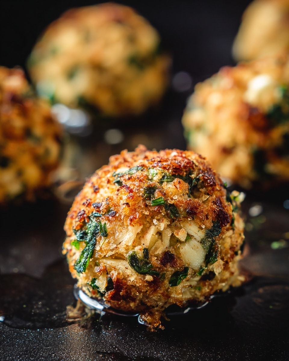 The image shows a close-up of a golden-brown, round baked ball with a crispy, crumbly texture on the outside. The ball is mixed with bright green leafy bits, and small white pieces are visible inside. It sits on a smooth, shiny dark surface with a slight reflection underneath. In the background, there are several more similar balls, slightly out of focus, creating depth in the photo. photo taken with an iphone --ar 4:5 --v 7