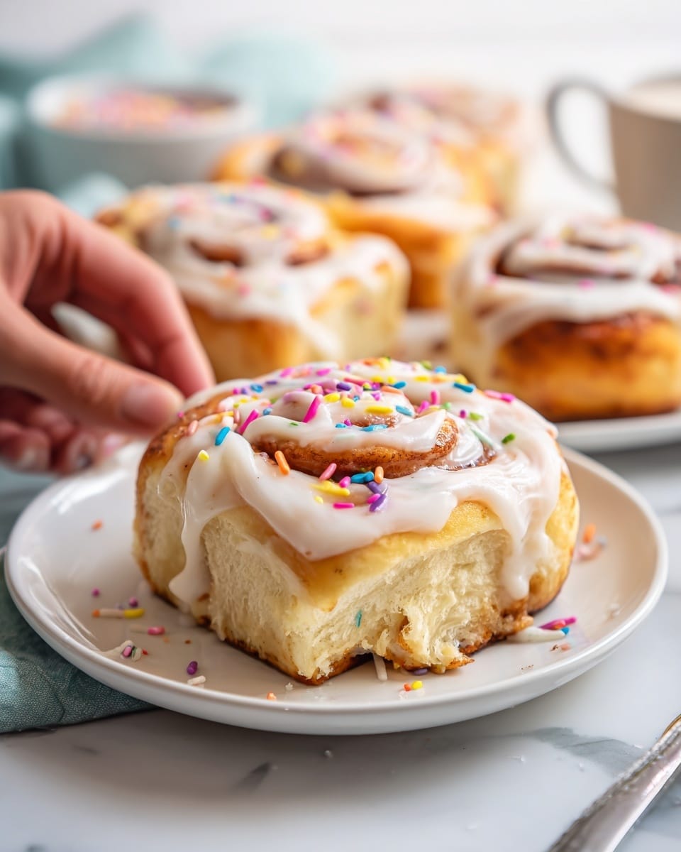 The image shows a close-up of three cinnamon rolls topped with white icing and colorful sprinkles. The cinnamon rolls have a soft, golden-brown texture with visible layers of dough and swirled cinnamon inside. Two rolls are placed on plain white plates, and one is in the background on a white tray, all set on a white marbled surface. The icing is thick and creamy, spread unevenly over the top, with the sprinkles scattered both on the rolls and the surface around them. A woman's hand is reaching toward one of the rolls at the back. Photo taken with an iphone --ar 4:5 --v 7