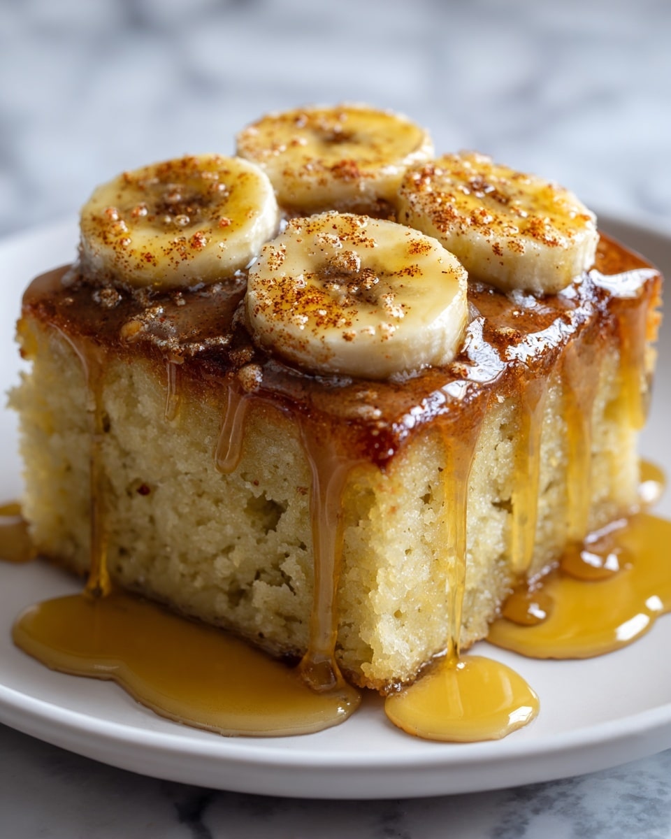 A square piece of moist, light yellow cake is placed on a white plate, topped with a shiny layer of golden syrup that drips down the sides. On top, there are three round banana slices arranged in a row, sprinkled with a light dusting of brown cinnamon powder. The texture of the cake looks soft and slightly crumbly, contrasting with the smooth, glossy syrup and the fresh, slightly creamy banana slices. The background is a white marbled surface. Photo taken with an iphone --ar 4:5 --v 7