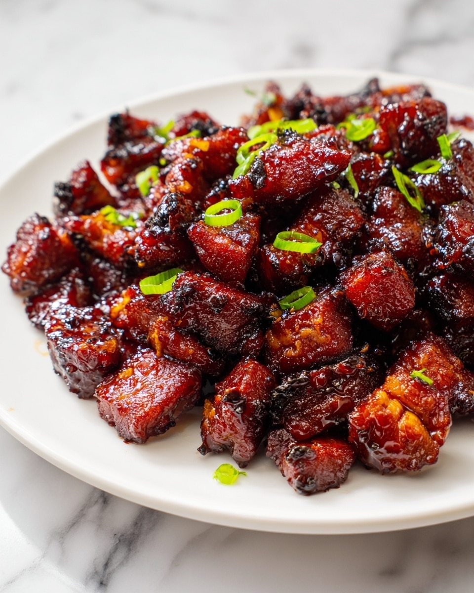 The image shows a close-up of a white plate filled with shiny, dark reddish-brown chunks of glazed meat, each piece having a slightly charred edge and a moist texture. The meat appears to be coated in a thick, sticky sauce that reflects light, giving the dish a glossy finish. Small pieces of bright green scallions are scattered on top, adding a fresh contrast to the rich color of the meat. The plate rests on a white marbled surface, which highlights the vibrant colors and textures of the food. photo taken with an iphone --ar 4:5 --v 7