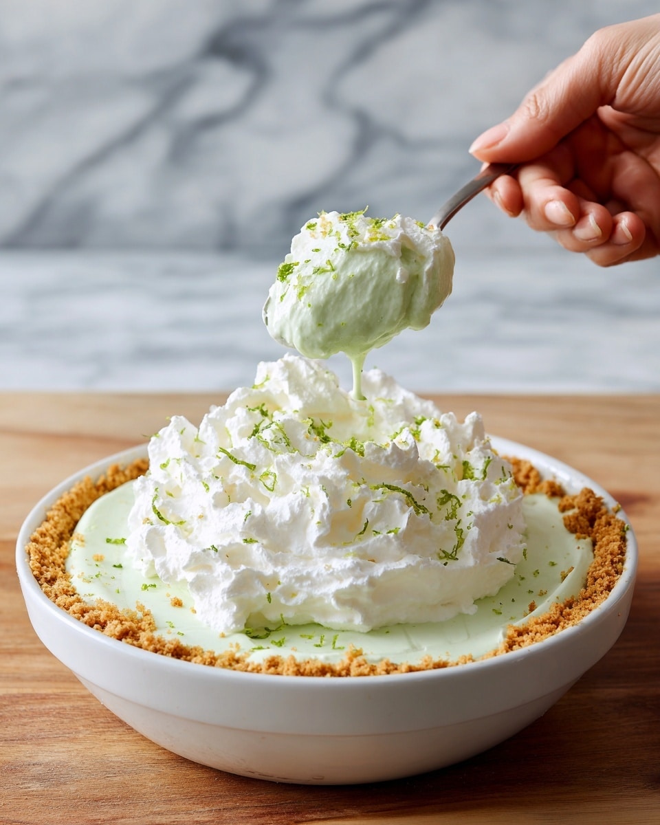 The image shows a white bowl filled with a dessert that has three clear layers. The bottom layer is a golden brown crumbly crust, rough in texture. Above the crust is a thick, light green creamy layer that looks smooth and soft. On top is a large dollop of white whipped cream, fluffy and airy, sprinkled with green lime zest for color. A woman's hand is holding a spoon lifting a scoop of the dessert. The background is a white marbled surface with warm light highlighting the textures and colors. Photo taken with an iphone --ar 4:5 --v 7