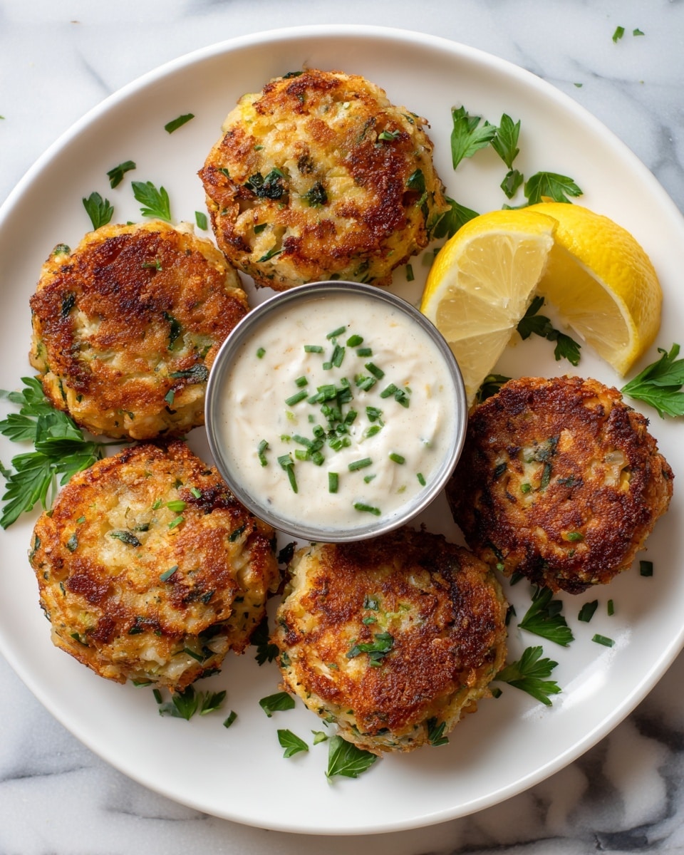 The image shows five golden-brown, crispy patties arranged in a circle on a white plate with a rustic edge, sitting on a white marbled texture. Each patty has a crunchy, browned top layer with bits of green herbs mixed in, while the inside looks soft and white. In the center of the plate, there is a small metal bowl filled with thick, creamy white sauce with green herbs sprinkled on top. Around the patties, fresh green herb leaves are scattered, and there are a few lemon wedges placed among the patties. Photo taken with an iphone --ar 4:5 --v 7