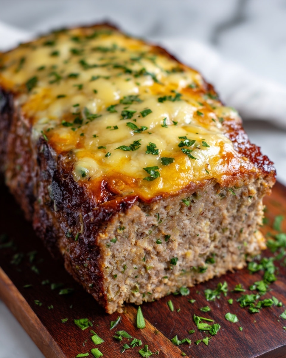 A close-up of a rectangular meatloaf loaf on a wooden board, topped with melted, slightly browned cheese that covers the entire top surface, with fresh green herbs sprinkled on top and melted cheese slightly dripping down the sides. The meatloaf itself is textured and browned on the outside, with a slightly coarse inside visible at the cut end. The background has a bowl with a pale yellow item blurred out on a white marbled surface. Photo taken with an iphone --ar 4:5 --v 7