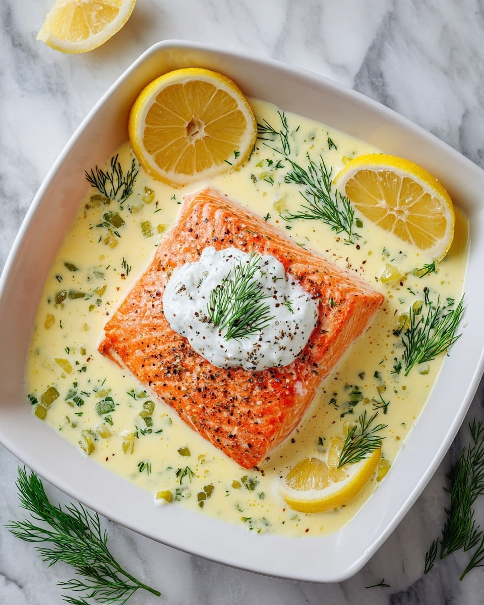 A thick, golden-orange cooked salmon fillet sits in the center of a white dish, resting in a smooth, pale yellow creamy sauce speckled with green dill pieces and black pepper. On top of the salmon is a dollop of white creamy sauce with a sprig of fresh green dill and a few black pepper flakes. Around the salmon on the sauce, there are three bright yellow lemon slices, two near the top left and one at the bottom right, each sprinkled with dill and pepper. Additional fresh dill sprigs frame the corners of the dish. The surface under the dish is a white marbled texture. photo taken with an iphone --ar 4:5 --v 7