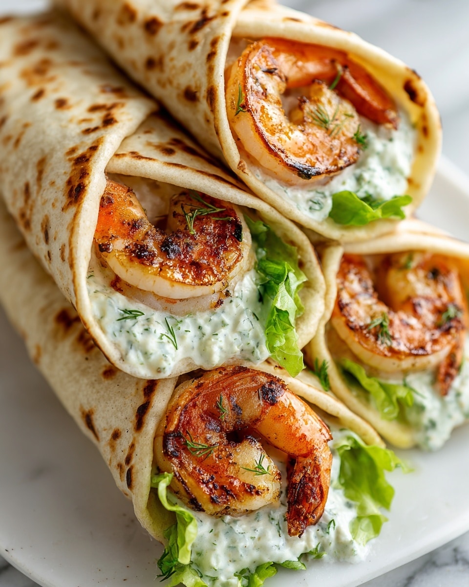 Three shrimp wraps are stacked closely on a white plate with a white marbled background. Each wrap shows a light golden-brown grilled tortilla rolled around one large, pink, and orange grilled shrimp with dark grill marks as the top layer. Beneath the shrimp, there is a layer of fresh green lettuce leaves and speckled white creamy sauce with herbs, visible near the open ends of the wraps. Photo taken with an iphone --ar 4:5 --v 7
