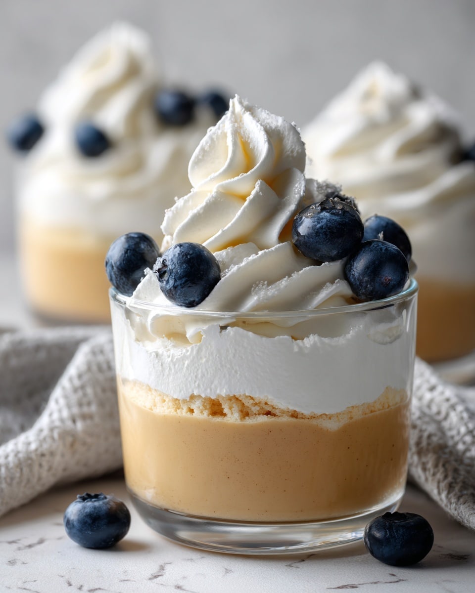 The image shows a clear glass bowl filled with three layers: a light tan creamy base at the bottom, a thick middle layer of whipped cream with soft peaks, and a topping of fresh, plump blueberries arranged on top. The smooth creamy base has a soft texture, the whipped cream looks fluffy and airy, and the blueberries are round and deep blue with a fresh look. The bowl sits on a white marbled surface, with a blurred glass bowl with similar content in the background. Photo taken with an iphone --ar 4:5 --v 7