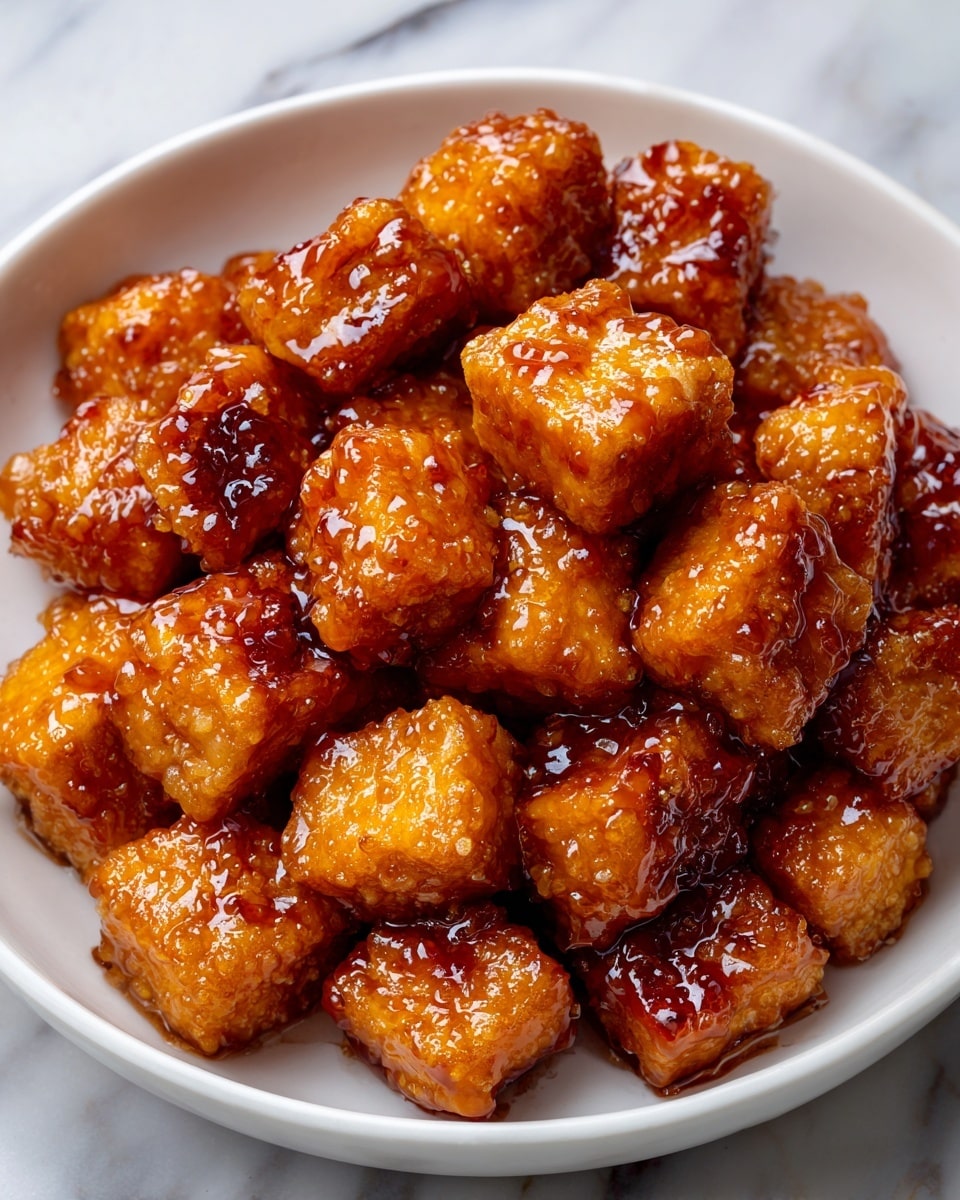 The image shows a close-up view of a white rectangular dish filled with golden brown cubes of bread covered in thick, shiny caramel sauce. The bread cubes are soft-looking with slightly crispy edges, and the caramel sauce glistens as it coats each piece unevenly, pooling a little at the bottom. The caramel has a rich amber color with a smooth texture, making the dessert look warm and sticky. The dish is placed on a white marbled surface. photo taken with an iphone --ar 4:5 --v 7