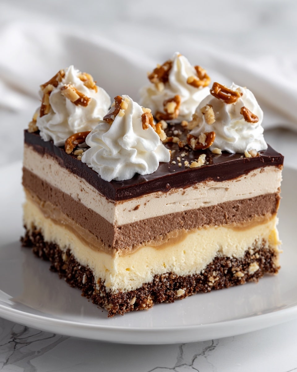 The image shows a square slice of a layered dessert on a white plate, set on a white marbled surface. The bottom layer is a crumbly golden brown crust, topped by a thick beige creamy layer. Above that is a darker light brown layer, followed by a thick, smooth, glossy dark chocolate layer. On top, there is a layer of white whipped cream, arranged in soft peaks, decorated with a drizzle of dark chocolate and a sprinkling of thin, crunchy pretzel sticks. The scene is bright and clear, showing the textures and colors sharply. Photo taken with an iphone --ar 4:5 --v 7