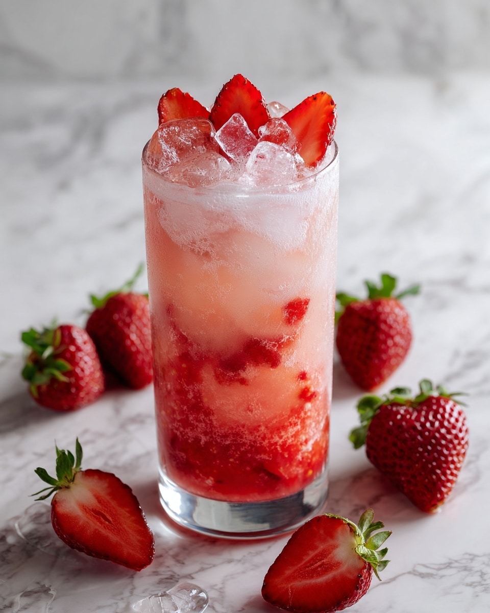 The image shows a tall clear glass filled with a layered strawberry drink. At the bottom, there is a thick, deep pink strawberry purée. The middle layer is a lighter pink creamy mixture with small strawberry pieces mixed in, giving it a soft, smooth texture. On top, there are several ice cubes and a few fresh strawberry slices arranged nicely, adding a bright red contrast. The glass sits on a white marbled surface, with whole and sliced strawberries in the background, slightly out of focus. photo taken with an iphone --ar 4:5 --v 7
