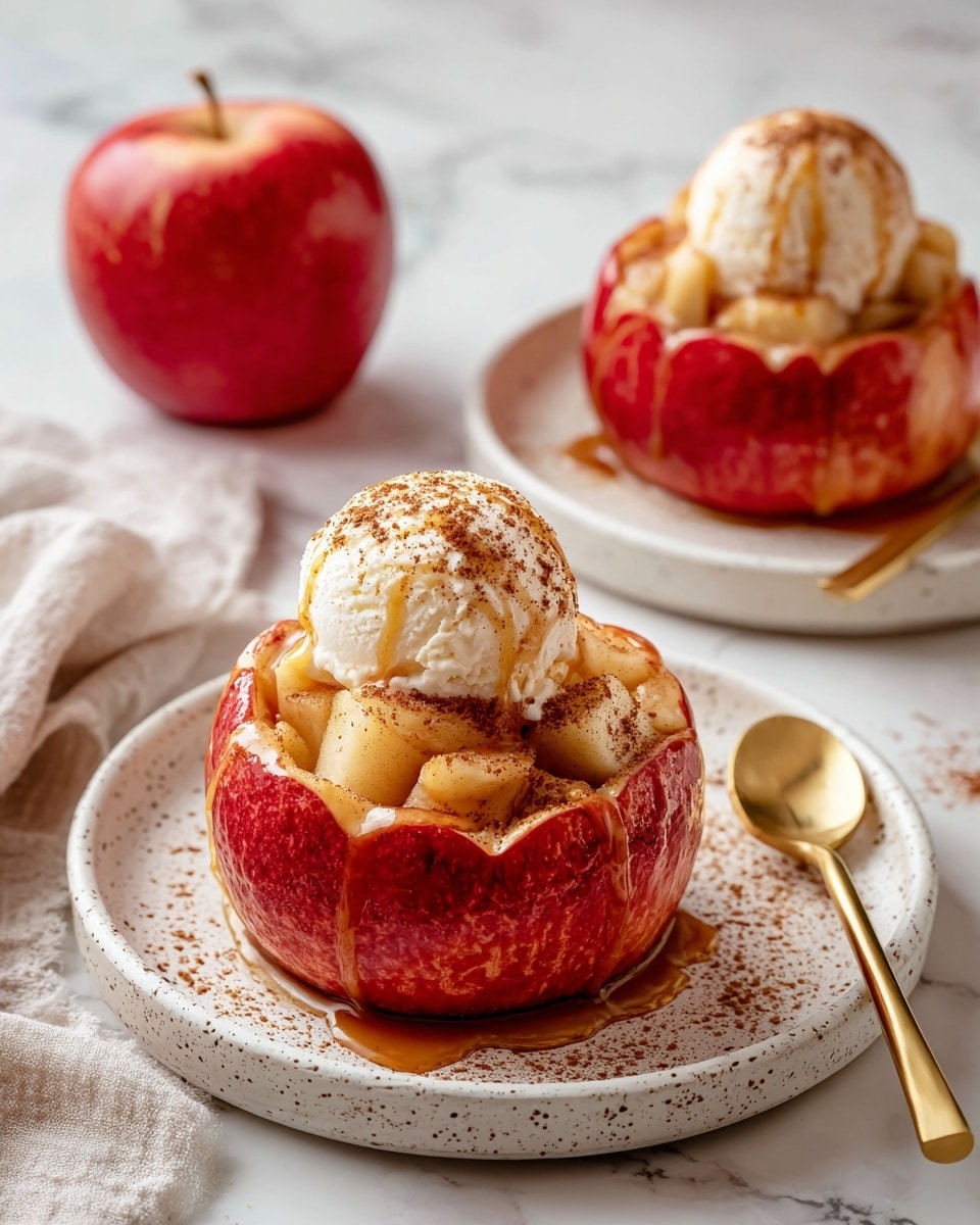 Two baked apples are cut into petal shapes and placed on a white speckled plate. Each apple is filled with soft, cooked apple pieces that are light brown with a cinnamon coating. On top of the apples, there is a scoop of creamy white vanilla ice cream drizzled with golden caramel sauce and a sprinkle of cinnamon. The plate rests on a white marbled surface, and a golden spoon lies beside the front apple. In the background, a whole red apple and a light teal cloth add color contrast. Photo taken with an iphone --ar 4:5 --v 7