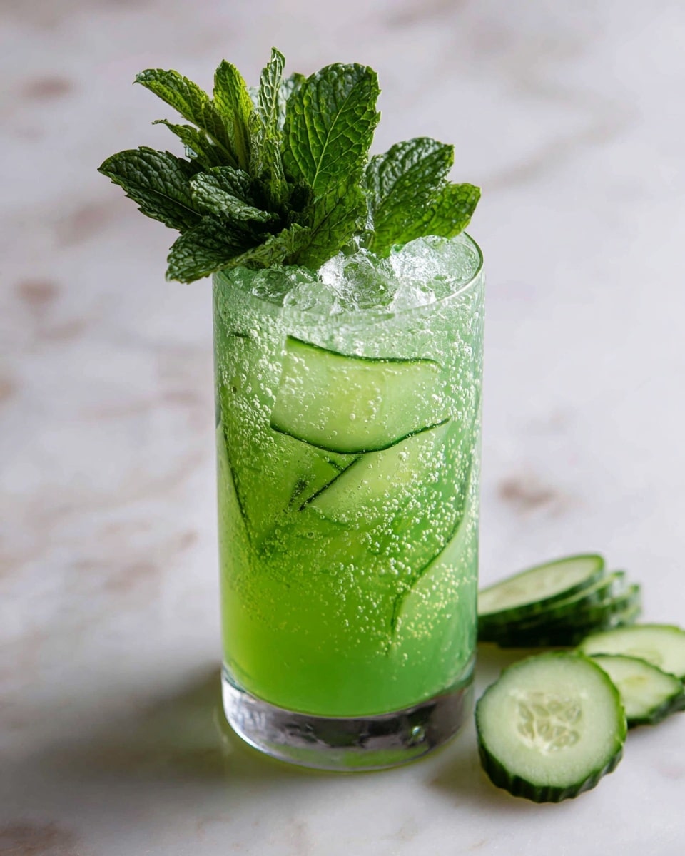 A clear glass filled with a bright green drink that has small bubbles all around, with thin circular cucumber slices pressed against the inside of the glass on the front and sides, and a fresh bunch of green mint leaves standing upright on top. The glass sits on a white marbled surface, with a few cucumber slices placed next to it. photo taken with an iphone --ar 4:5 --v 7