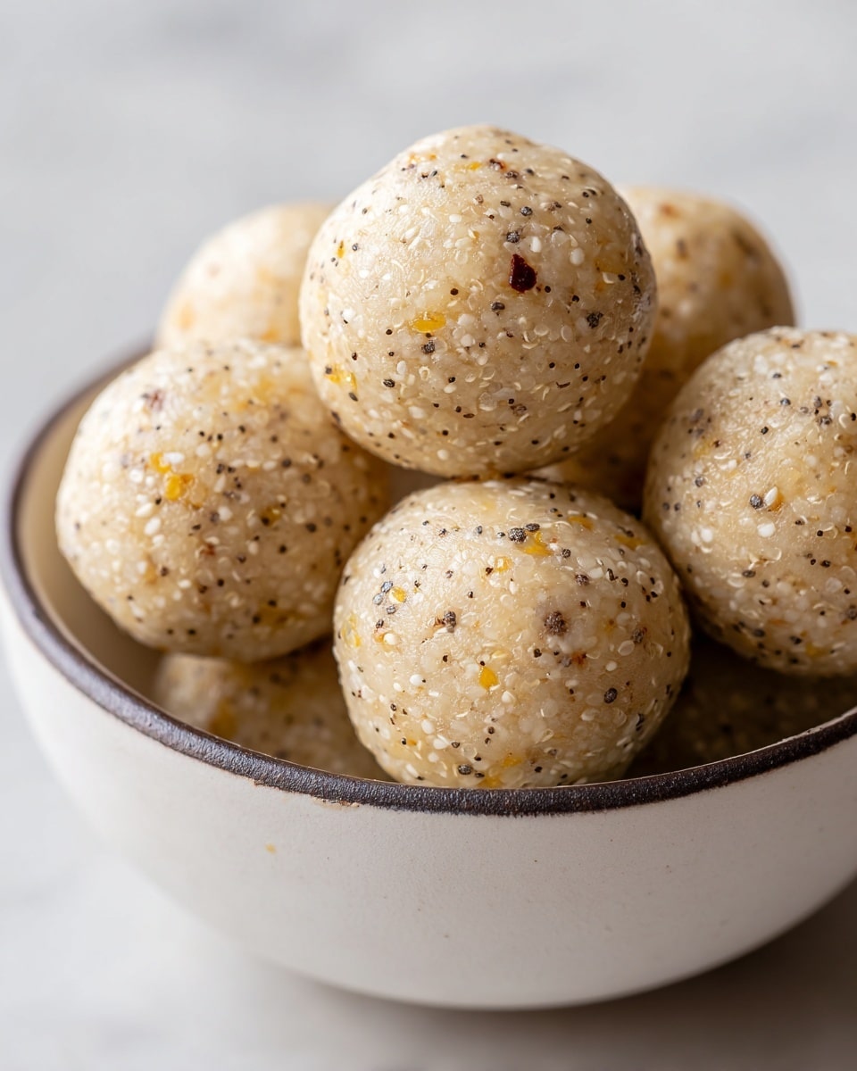 A close-up view of several round, beige-colored energy balls speckled with small black chia seeds and some white oat flakes, packed tightly together in a white ceramic bowl with a slightly rough texture and a thin, rustic brown rim. The energy balls have a smooth but slightly grainy surface, showing small yellow bits within. The bowl sits on a white marbled textured surface, the background softly blurred. photo taken with an iphone --ar 4:5 --v 7