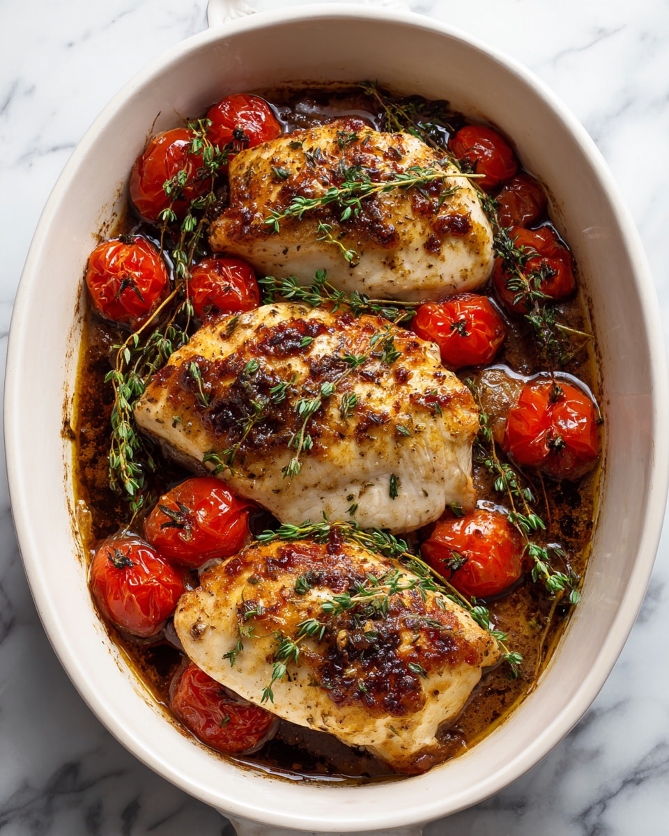 The image shows a white oval baking dish filled with four cooked chicken breasts arranged closely together. Each chicken breast is topped with a golden-brown crust of herbs and spices, with some white parts visible where the seasoning is lighter. Around the chicken pieces, there are several whole roasted cherry tomatoes, with their skin slightly wrinkled and shining from the juices. The dish is also sprinkled with fresh green herbs scattered over the chicken and tomatoes. The chicken and tomatoes sit in a dark, rich sauce that pools around them in the white dish. The photo is taken on a white marbled surface. Photo taken with an iphone --ar 4:5 --v 7