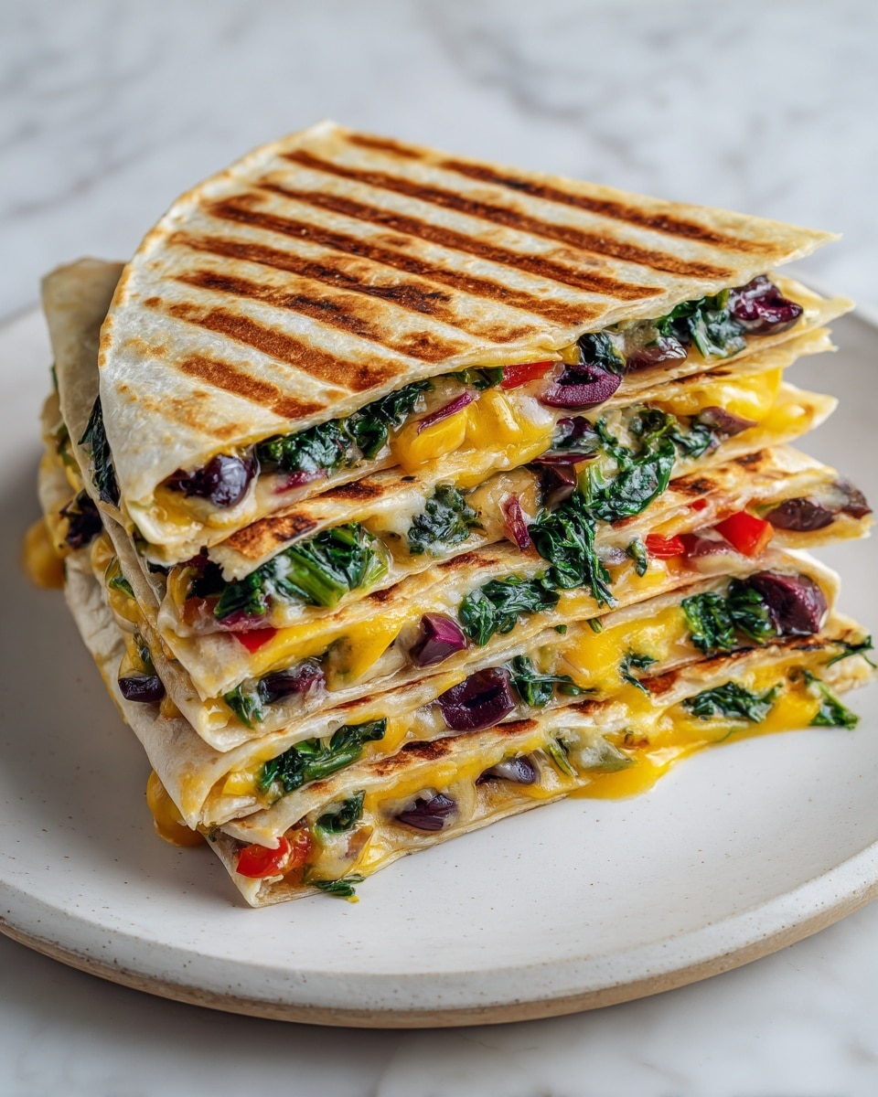 The image shows a close-up of a quesadilla cut into four triangular pieces stacked slightly unevenly on a white plate. The quesadilla has three visible layers of soft, light brown grilled tortillas with golden grill marks on top and bottom. Between the tortillas, there are layers of melted cheese that look creamy and stringy, with a slightly shiny texture. Mixed in with the cheese are grilled vegetables, including slices of deep green zucchini and deep purple eggplant, and bits of red tomato sauce adding a pop of color. The filling looks juicy and well-cooked, slightly oozing out from between the tortillas. The plate sits on a white marbled surface, adding a clean, bright background. photo taken with an iphone --ar 4:5 --v 7