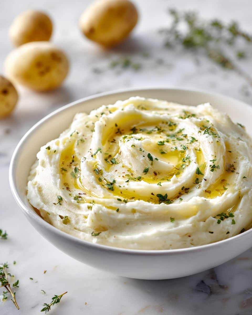 A bowl of smooth and creamy mashed potatoes fills the frame, with a soft, white base showing gentle swirls and peaks. The top layer has small pools of golden melted butter that shine, collecting in the crevices of the mashed texture. Bright green chopped parsley is sprinkled evenly all over, adding contrast and freshness. The bowl is white and round, resting on a white marbled surface scattered with small green herbs and a few whole light brown potatoes. A dark blue cloth is partly visible near the bowl. photo taken with an iphone --ar 4:5 --v 7