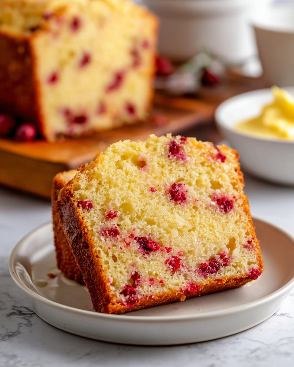 A slice of soft, light yellow cake sits on a white plate, filled with small, scattered red berry bits inside. The edges of the slice are golden brown and crisp. Behind the plate, a larger loaf of the same cake rests on a wooden board. To the right, a white bowl with a yellow spread is partly visible. The scene is on a white marbled surface with some small crumbs and zest scattered around. Photo taken with an iphone --ar 4:5 --v 7