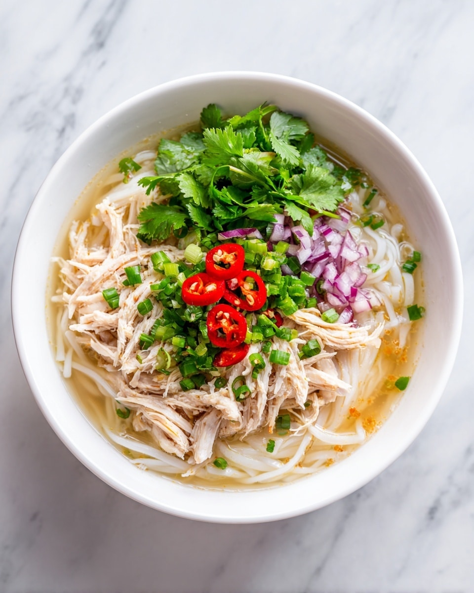 A white bowl filled with a vibrant noodle soup showing three layers: the bottom layer is smooth white rice noodles, the middle layer has shredded chicken pieces with a light brown color and soft texture, and the top layer is rich broth with floating herbs like green cilantro, chopped green onions, purple onion slices, and bright red chili slices arranged in the center. The bowl sits on a white marbled surface. photo taken with an iphone --ar 4:5 --v 7
