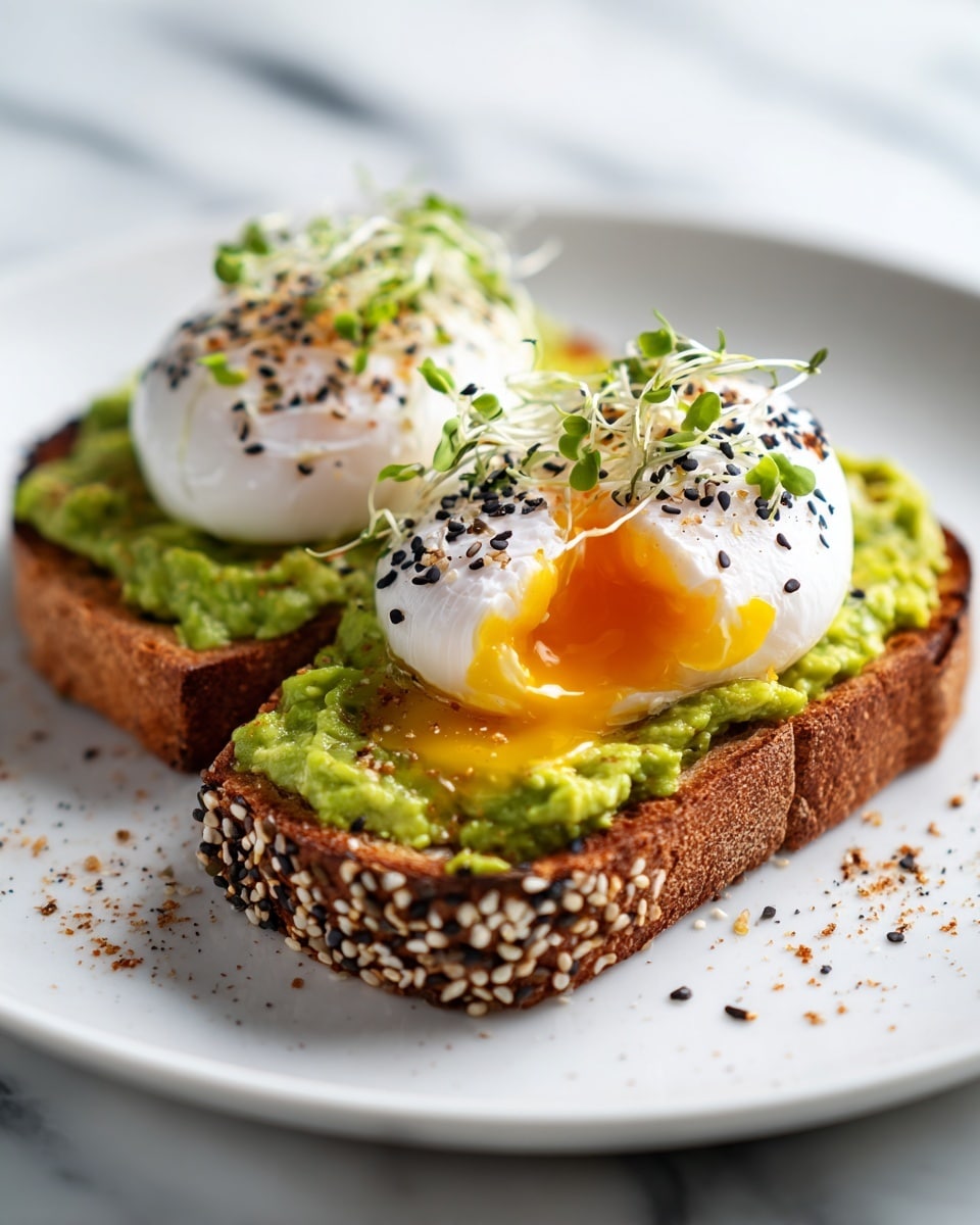 The image shows a slice of toasted bread with sesame seeds on the crust, topped with a thick layer of bright green mashed avocado spread evenly. On top of the avocado, two poached eggs rest side by side, each with a soft, white exterior and a slightly runny orange yolk visible where one egg is slightly broken. Small green sprouts and black and white sesame seeds are sprinkled over the eggs, adding texture and color contrast. A woman's hand is holding a white plate with the toast, set against a white marbled background. Photo taken with an iphone --ar 4:5 --v 7