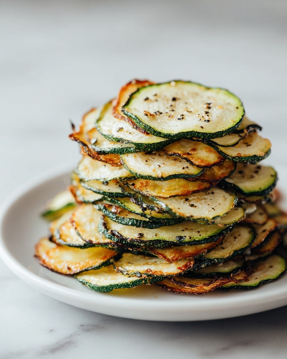 A white plate holds a stack of thin, round, crispy zucchini chips arranged in multiple layers. Each chip has a pale green center with a slightly translucent texture, edged by a darker green rind that is browned and crisp from cooking. The chips are overlapping, showing their light, airy crispiness with some darker toasted spots on the edges. The plate is set on a white marbled surface, giving a clean, bright background that highlights the chips' green and golden hues. photo taken with an iphone --ar 4:5 --v 7